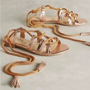 Anthropologie BILLY ELLA Lucerna Metallic Gold Leather Gladiator Tie Sandals 8